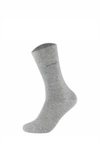 Calcetín de algodón gris con textura acanalada, de longitud media hasta la pantorrilla y un logo sutil cerca de la parte superior, con un acabado suave y sin patrones visibles.