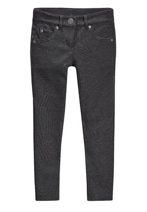 Schwarze, taillierte Jeans mit strukturiertem Obermaterial, fünf Taschen und Metallknopf-Akzenten an der Taille. Flache Beinöffnungen mit leichtem Glanz.