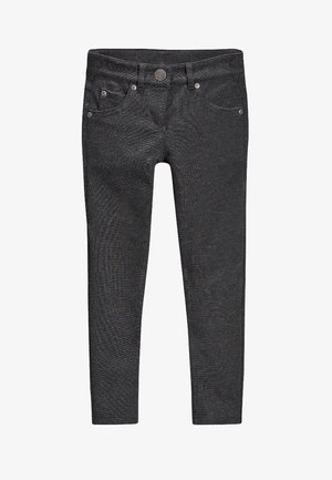 Schwarze, taillierte Jeans mit strukturiertem Obermaterial, fünf Taschen und Metallknopf-Akzenten an der Taille. Flache Beinöffnungen mit leichtem Glanz.