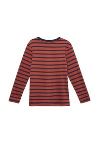 Langsleeve peuter T-shirt met horizontale marineblauwe en roestoranje strepen, ronde hals, liggend op een witte achtergrond.