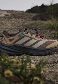 Μπεζ και καφέ ορειβατικό παπούτσι Adidas Terrex με μαύρη σόλα σε πετρώδη εξωτερική διαδρομή με πράσινα φυτά κοντά.