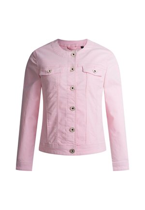 Hellrosa, langärmelige Jeansjacke mit rundem Ausschnitt, Knopfleiste vorne und zwei mit Knöpfen verschlossenen Brusttaschen.
