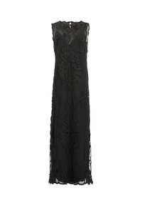 Robe longue noire sans manches avec superposition de dentelle florale et détails transparents, dotée d'un col rond et d'une fermeture dos avec un trou de serrure.