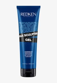 Redken Max Sculpting Gel in een blauwe knijp tube, gelabeld met witte en zwarte tekst. Productvolume: 8,5 fl oz (250 ml). Super sterke hold.