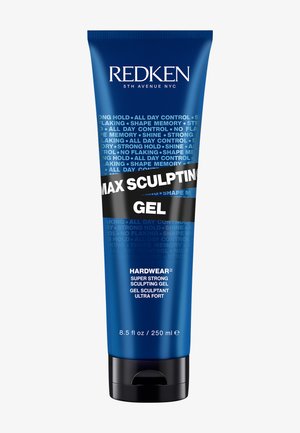 Gel modellante Max Sculpting di Redken in un tubo blu a pressione, etichettato con testo bianco e nero. Volume del prodotto: 8,5 fl oz (250 ml). Fissaggio super forte.