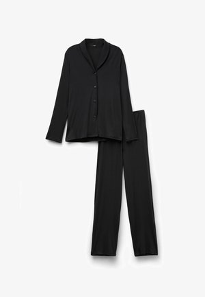 Ensemble de pyjama noir comprenant un haut à boutons à manches longues avec un col châle et un pantalon assorti à coupe ample. Tissu doux et lisse.