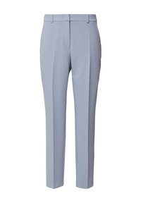 Lichtblauwe op maat gemaakte broek van geweven stof, met een vlakke voorkant, rechte pijpen, riemlussen en zijzakken.