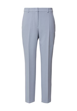 Light blue tailored trousers made of woven fabric, featuring a flat front, straight legs, belt loops, and side pockets.