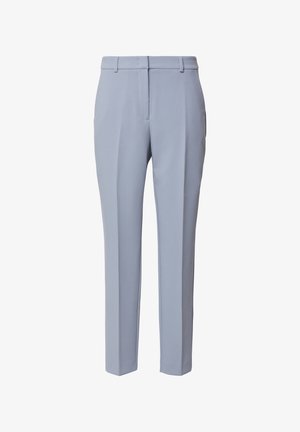 Light blue tailored trousers made of woven fabric, featuring a flat front, straight legs, belt loops, and side pockets.