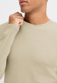 Beżowy sweter dzianinowy z okrągłym, ściągaczowym dekoltem i ściągaczowymi mankietami, charakteryzujący się miękką teksturą i prostym wzornictwem.