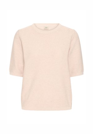 Hellrosa gestrickter Pullover, kurze Ärmel, Rundhalsausschnitt, gerippte Struktur, leichter Stoff, lässige Passform, keine sichtbaren Verschlüsse oder Verzierungen.