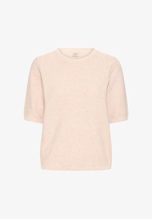 Gaiši rozā adīts džemperis ar īsām piedurknēm, apaļu kakla izgriezumu, ribota tekstūra, viegls audums, ikdienišķa piegriezuma, bez redzamām aizdares vai rotājumiem.