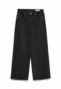 Jean denim noir à jambes larges avec bouton frontal, fermeture éclair, passants de ceinture et design à cinq poches, à plat sur fond blanc.