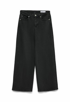 Jean denim noir à jambes larges avec bouton frontal, fermeture éclair, passants de ceinture et design à cinq poches, à plat sur fond blanc.