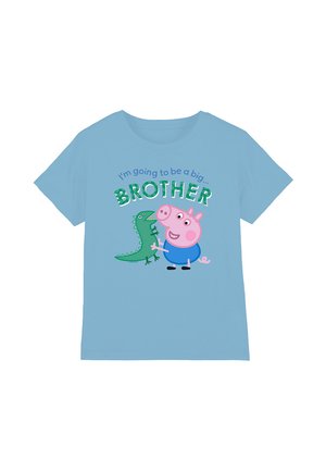 Light blue short-sleeve t-shirt features a pig character and a green dinosaur, with the text "I'm going to be a big... BROTHER" in playful fonts.