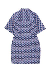 Vestito a maniche corte con un motivo geometrico blu, rosa e bianco. Presenta un colletto e una vestibilità rilassata con un orlo curvo.