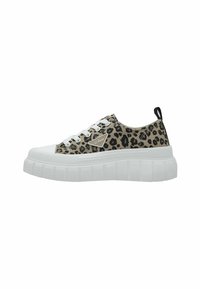 Sneaker in tela con stampa leopardo, suola piatta in gomma bianca, punta tonda, chiusura con lacci e linguetta nera sul retro.