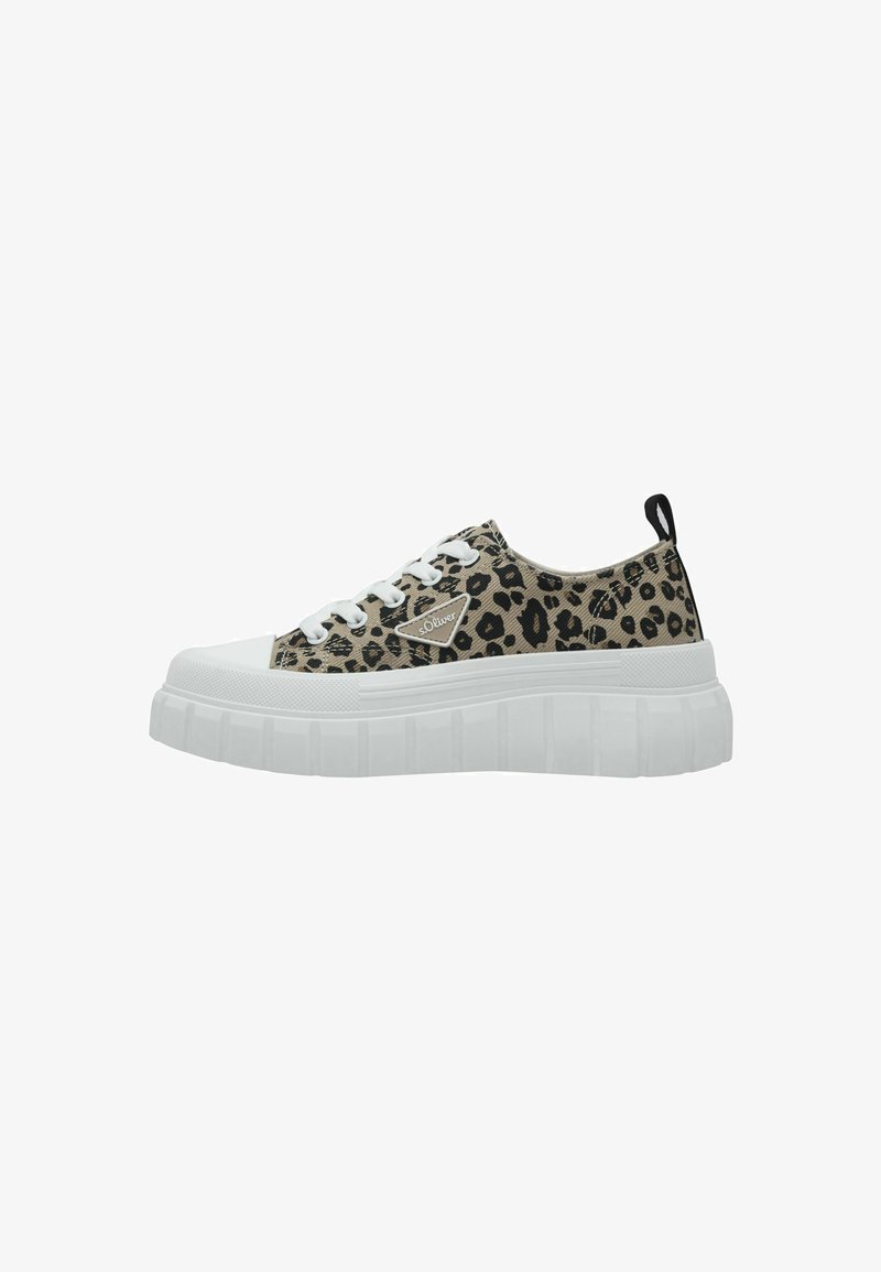 Leoprint-Canvas-Sneaker mit weißer Gummi-Plattformsohle, runder Zehenform, Schnürverschluss und schwarzem Ziehband an der Rückseite.