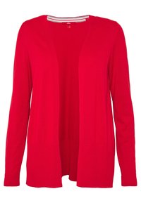 Rote Strickjacke aus einem weichen Strickstoff, offene Vorderansicht, lange Ärmel und gerippte Bündchen sowie Saum. Keine Verschlüsse oder Muster.