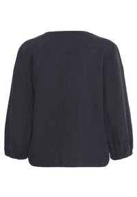 Tamnosiva lanena bluza s kutijastim oblikom, okruglim izrezom i dugim rukavima s elastičnim rubovima. Glatka tekstura s minimalističkim dizajnom.
