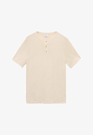 Lys beige kortærmet henley skjorte lavet af blødt stof, med en rund krave, tre knapper og en lige kant.