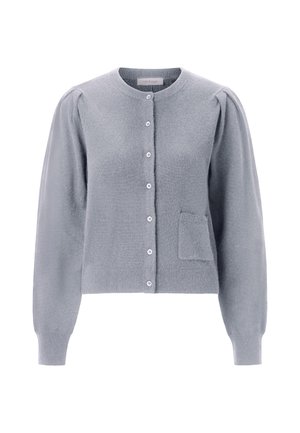 Svijetlosivi kardigan s okruglim izrezom, punim napučenim rukavima, prednjim gumbima i malom džepom s lijeve strane. Mekana tekstura.