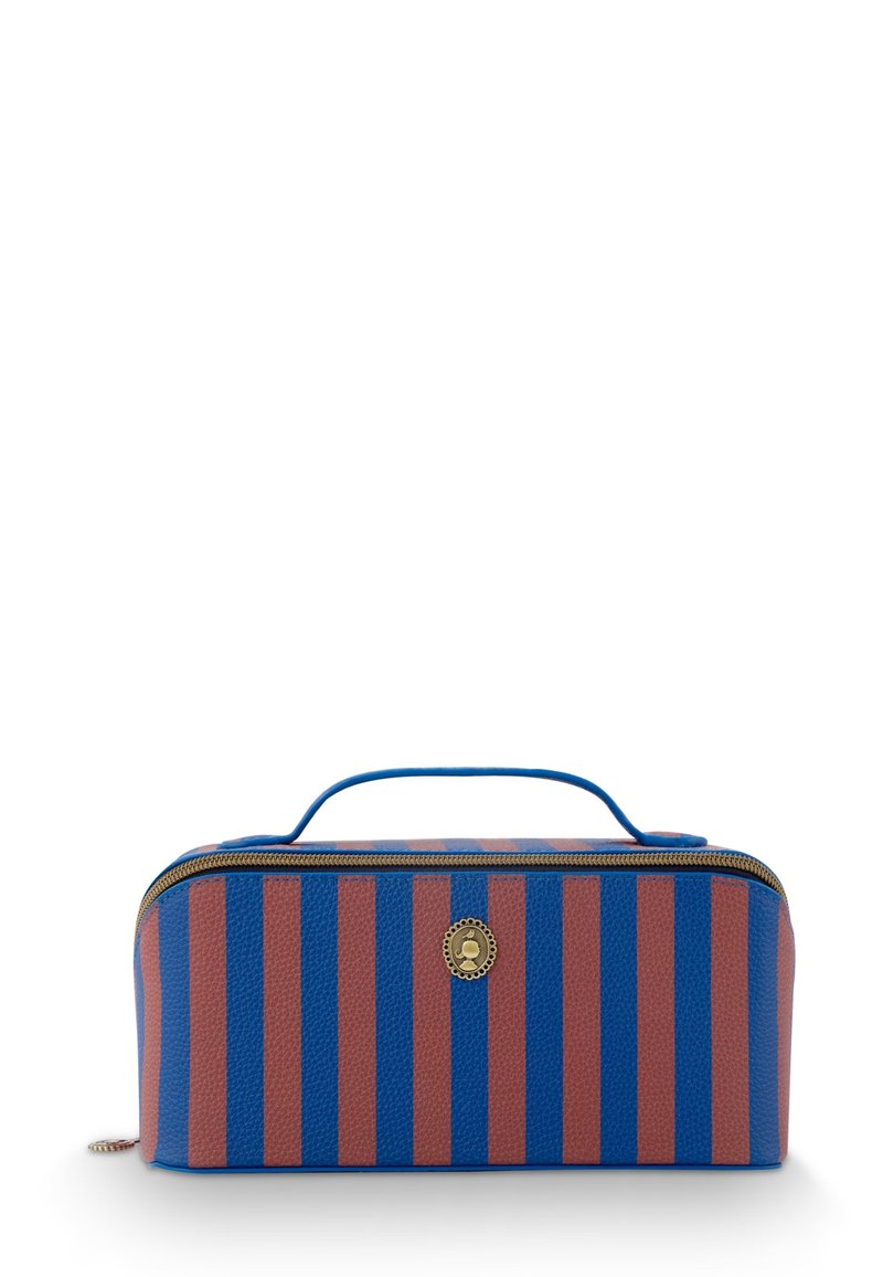 Zippered cosmetic bag with a rectangular shape, featuring pink and blue vertical stripes, textured material, and a gold-tone hardware accent.