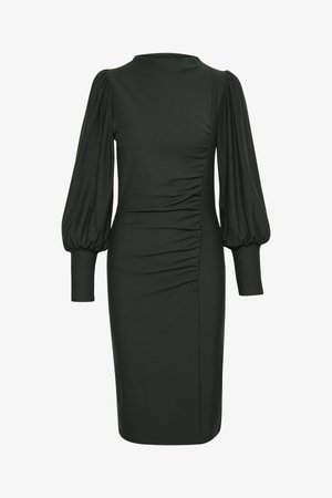 Tume roheline kleit pika puhvärviga, kõrge kaelusega ja volangide detailidega ees. Valmistatud pehmest, venivast kangast.