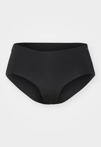 Črne bikini hlačke z visokim pasom, izdelane iz gladkega materiala, z brezšivnim oblikovanjem, elastičnim pasom in minimalnimi šivi.