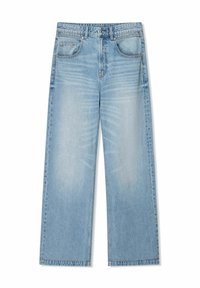 Light blue denim wide-leg jeans with a mid-rise waist, front pockets, and subtle fading patterns along the fabric.