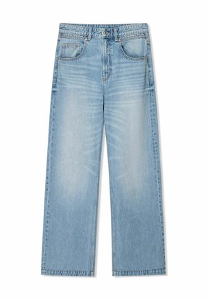 Light blue denim wide-leg jeans with a mid-rise waist, front pockets, and subtle fading patterns along the fabric.