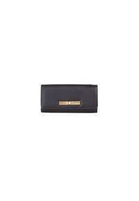 Portefeuille en cuir noir avec une texture lisse, arborant un fermoir en métal doré et une forme rectangulaire. Design simple et épuré.