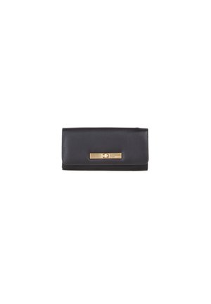 Portefeuille en cuir noir avec une texture lisse, arborant un fermoir en métal doré et une forme rectangulaire. Design simple et épuré.