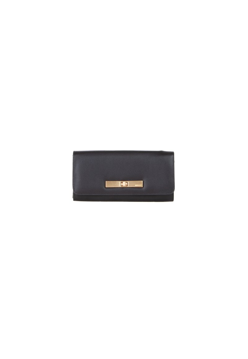 Portefeuille en cuir noir avec une texture lisse, arborant un fermoir en métal doré et une forme rectangulaire. Design simple et épuré.