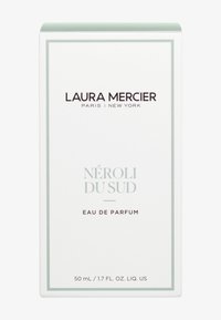 Eau de parfum doos in het wit met groene accenten. Bevat "NÉROLI DU SUD" in elegante lettertype. Bevat 50 ml. Eenvoudig, rechthoekig ontwerp.