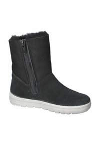 Botines de ante negro con cierre de cremallera, que cuentan con un suave forro interior y una suela de goma blanca con un agarre texturizado.