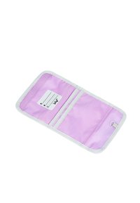 Purple fabric wallet with a white trim, featuring two card slots and a label area. Textured exterior, designed to secure contents.