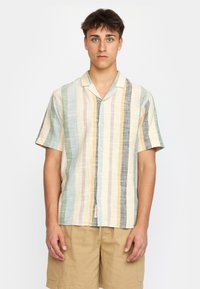 Short-sleeve shirt with multi-colored vertical stripes in light blue, beige, gray, yellow, and green, featuring a camp collar and button front.
