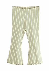Pantalons évasés rayés verts et blancs avec une texture côtelée douce, dotés d'un ourlet volé et d'une ceinture élastique.