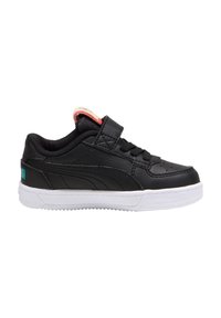 Zwarte leren sneaker met een witte rubberen zool, voorzien van een klittenbandsluiting en vetersluiting, met getextureerde zijpanelen en een klein turquoise logo.