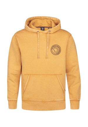Gelbe Kapuzenjacke mit einer Fronttasche; verfügt über ein rundes Logodesign auf der linken Brust und gerippte Bündchen sowie Saum.