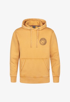 Gelbe Kapuzenjacke mit einer Fronttasche; verfügt über ein rundes Logodesign auf der linken Brust und gerippte Bündchen sowie Saum.