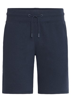 Navy blue sweat shorts made of soft fabric, featuring an elastic waistband with a drawstring, plain design, and mid-thigh length.