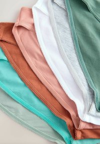 Pile de culottes en coton pour femmes en vert sourd, sarcelle, blanc, rose et rouille avec bordure festonnée.