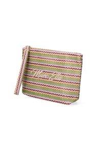 Gewebte Clutch-Tasche mit Zickzackmuster in Grün, Pink und Braun. Verfügt über einen Reißverschluss und einen seitlichen Griff. Sichtbares Branding: "Marc Elle."