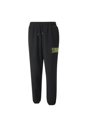 Sorte sweatpants med elastisk talje, snøre og elastiske manchetter; har et grønt grafisk logo på venstre lår.