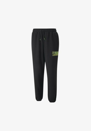 Svarta träningsbyxor med elastisk midja, snörning och elastiska manschetter; har en grön grafisk logotyp på vänster lår.