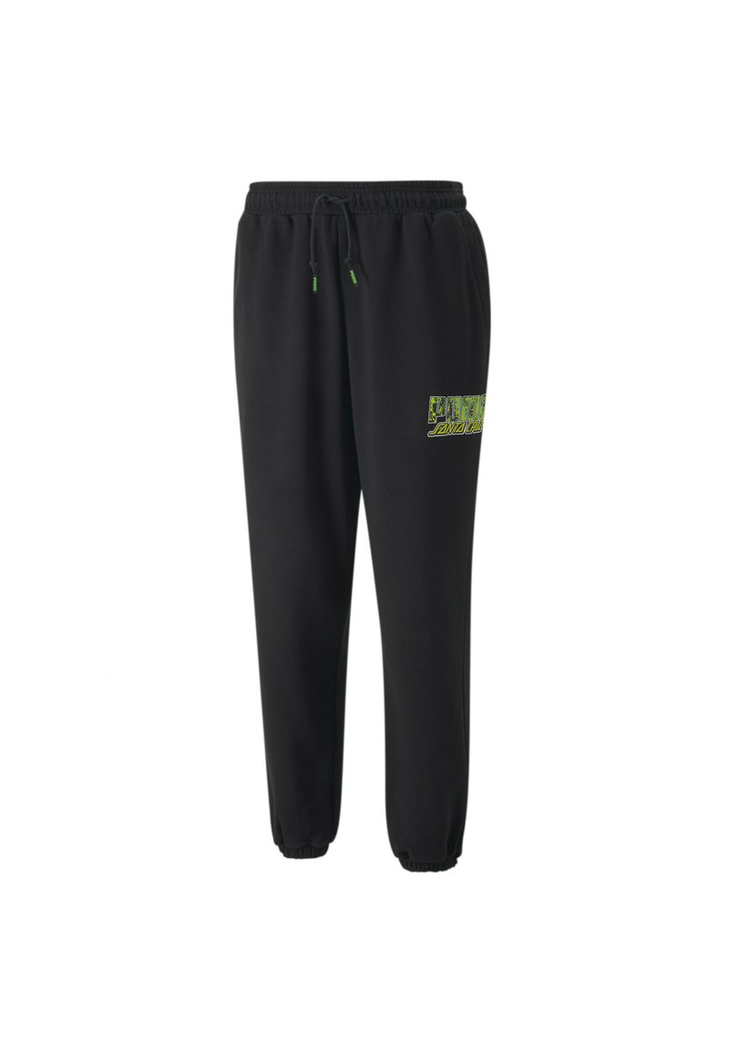 Sorte sweatpants med elastisk talje, snøre og elastiske manchetter; har et grønt grafisk logo på venstre lår.