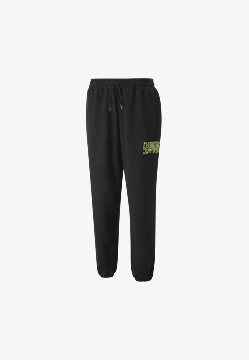 Čierne tepláky s elastickým pásom, šnúrkami na stiahnutie a elastickými manžetami; na ľavom stehne sa nachádza zelené grafické logo.