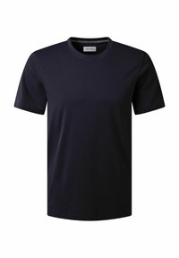 Navyblauwe katoenen t-shirt met een ronde hals, korte mouwen en een gladde textuur. Minimalistisch ontwerp, geen patronen of accenten.